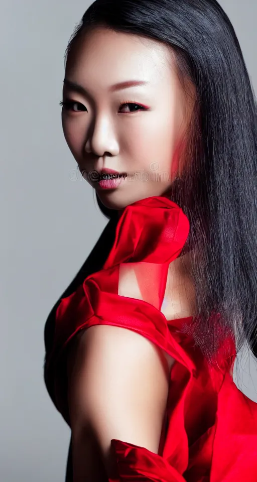 Image similar to close up fashion model portrait asian woman, black and red, elegant
