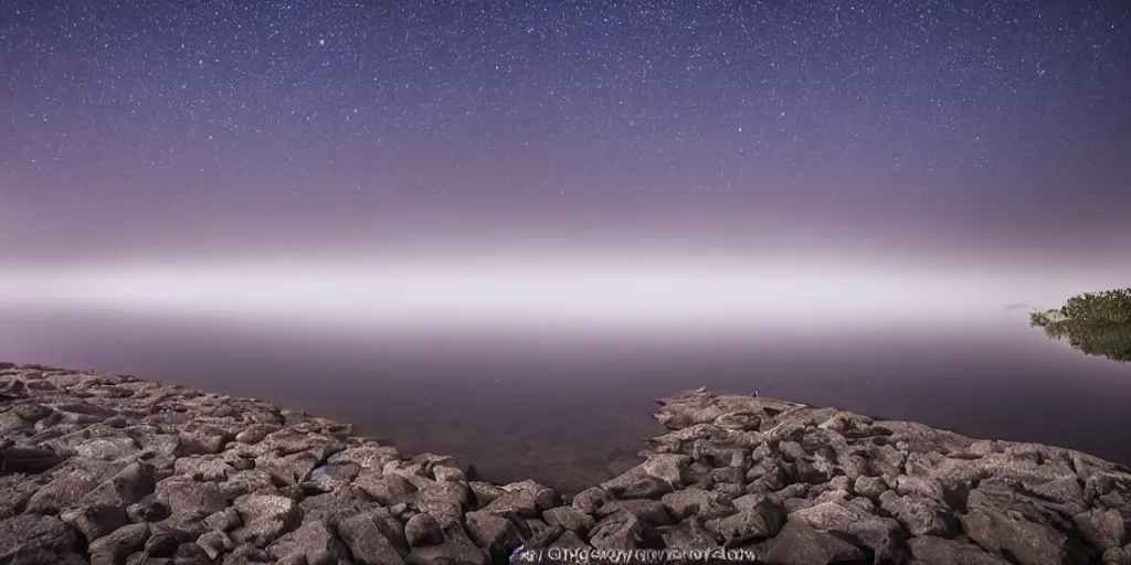 Image similar to empty lake at night, there is fog glazing over the water. it is raining, with lightning strikes.