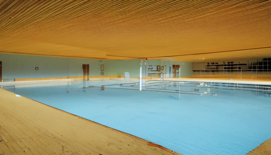 Prompt: 1970s rundown swimming pool room, yellow-tinted wood-grain fluorescent lights, flash enabled, photographed in 2012