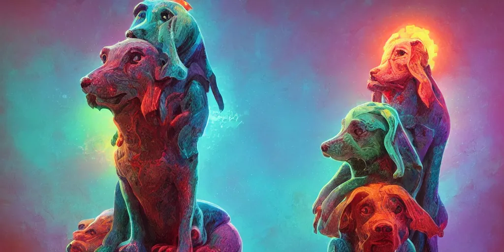 Prompt: the photo of pregnant three-headed dog and priest, bright color, dripping salvia, horror, 3D, high details, by vincent di fate, artgerm julie bell beeple, 90s, octane render, 8K, volumetric lighting, high contract, duo tone, depth of field, very coherent symmetrical artwork