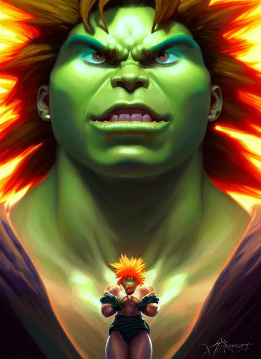 Image similar to symmetry!! portrait of blanka with lightning, street fighter, global illumination!! intricate, elegant, highly detailed, digital painting, artstation, concept art, smooth, sharp focus, illustration, art by artgerm and greg rutkowski and alphonse mucha