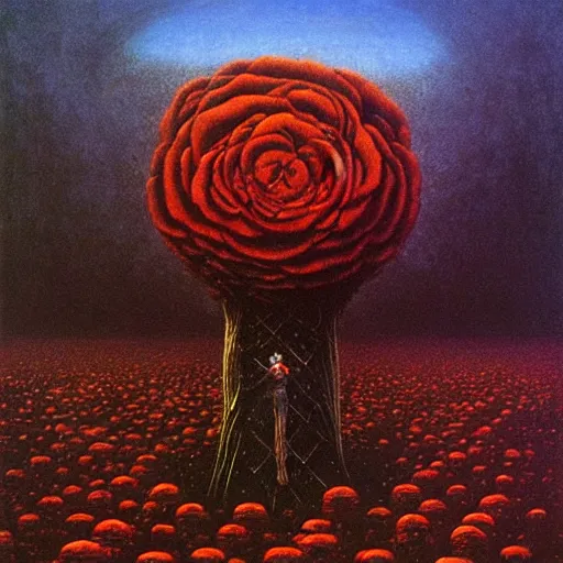 Prompt: the dark tower in a field of roses, surrealism, cosmic western, masterpiece oil painting, beksinski, barlowe