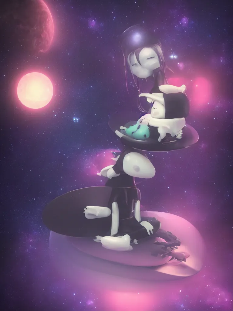 Image similar to cute fumo plush gothic maiden alien girl sitting on a surfboard in the dark galactic abyss, heart eyes, vignette, vray