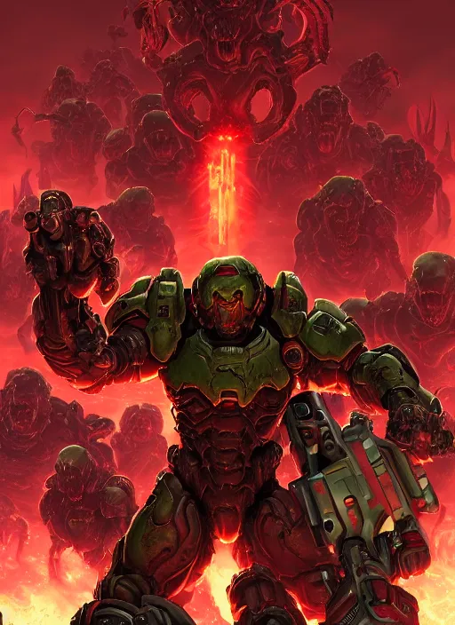 Prompt: ( doom ) cover featuring doom slayer!! surrounded by demons, cyberdemon, by kenneth scott, artstation, vivid gaze
