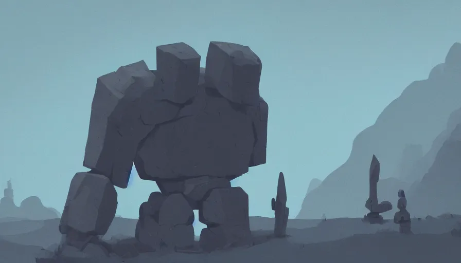 Image similar to stone golem, true evil, dormant, broken, calling a traveller nearby, sharp focus, james gilleard, cinematic, game art, extremely detailed digital painting, print