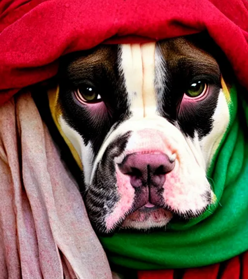 Image similar to portrait of american bulldog as afghan girl, green eyes and red scarf looking intently, photograph by steve mccurry