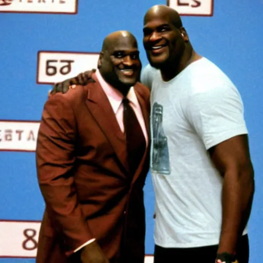 Prompt: A 5'5 Shaquille O'Neil next to a 7'2 Danny DeVito