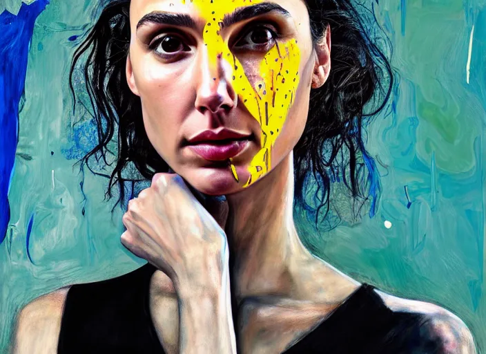 Image similar to portrait of gal gadot in fear, by vincent lefevre and hernan bas and pat steir and hilma af klint, psychological, photorealistic, dripping paint, washy brush, rendered in octane, altermodern, masterpiece