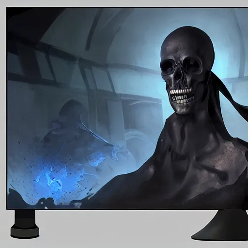 Prompt: the body of a grim reaper with a crt monitor for a head and a screen for a face. the monitor has a blue screen with white letters on it. by frank frazetta, simon bisley, brom, concept art, octane render, unreal engine 5, highly detailed, high quality, 8 k, soft lighting, realistic face, path traced