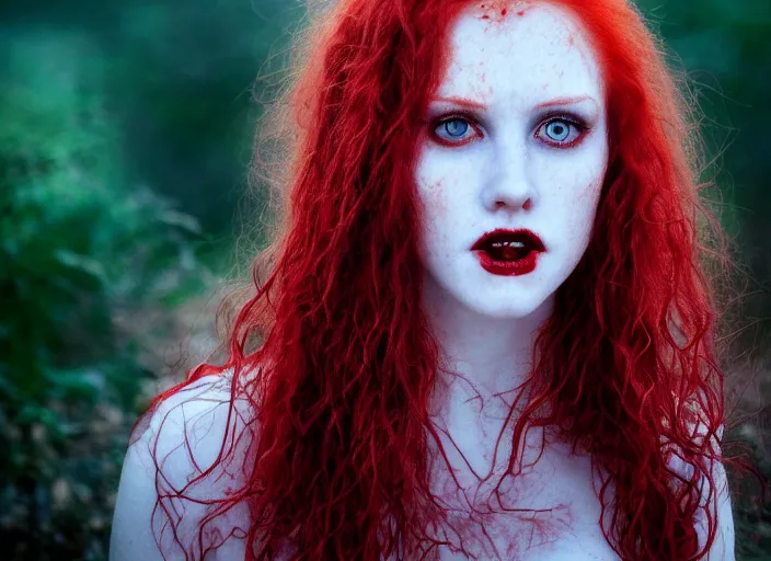 Image similar to award winning 5 5 mm close up face portrait photo of an anesthetic redhead woman with blood - red wavy hair, intricate eyes that look like stars, and fangs, in a park by luis royo