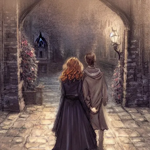 Image similar to harry potter and hermione hand in hand walking in hogwarts yard, elves around, lovely, lightly dark theme, harry potter theme, by monet, trending on artstation