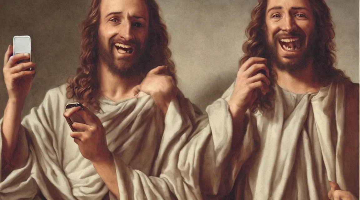 Image similar to portrait of one jesus laughin because see a meme in him cellphone, no letters