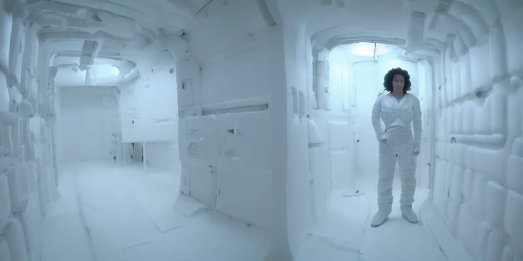 Image similar to a wide shot of Ripley sleeping inside an all-white room of cryogenic sleep chambers by Ridley Scott, Alien movie, grainy, bluish and cream tones