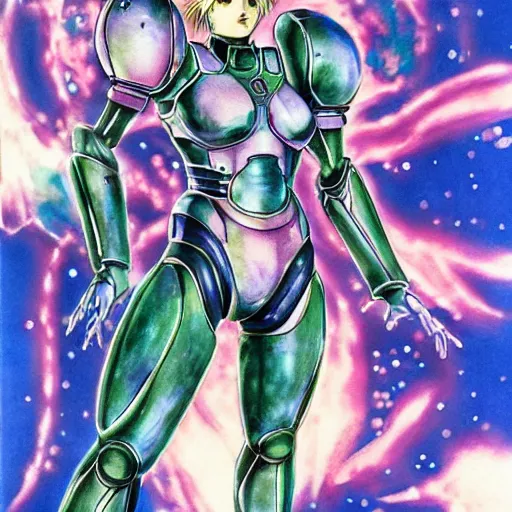 Image similar to Samus Aran from Metroid as illustrated by Yoshitaka Amano. 1994. Acrylic and Watercolor on lithography paper.