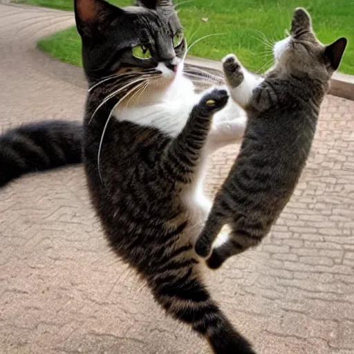 Image similar to happy cat getting surprise attacked by sneaky cat, photograph, imgur