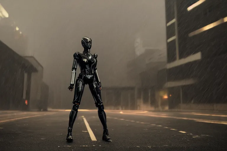 Prompt: vfx marvel sci-fi woman black super hero robot photo real full body action pose, city street cinematic lighting, rain and fog by Emmanuel Lubezki