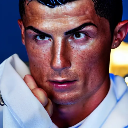 Image similar to cristiano ronaldo as doctor, accurate, 30mm, face, soft colours, dramatic lighting, nikon