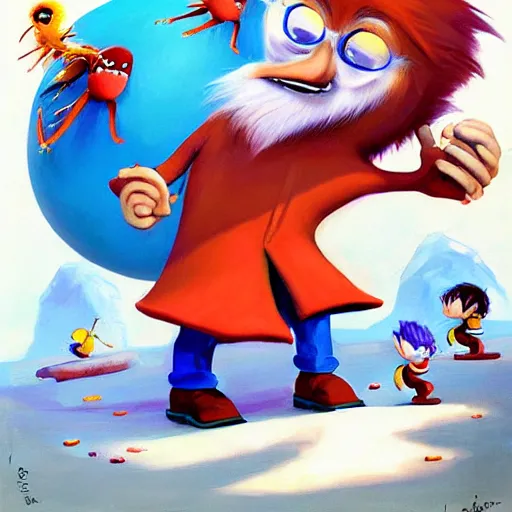 Prompt: the lorax laying on the ground helplessly clutching doctor eggman from sonic shirt. by rhads, lois van baarle, jean - baptiste monge.