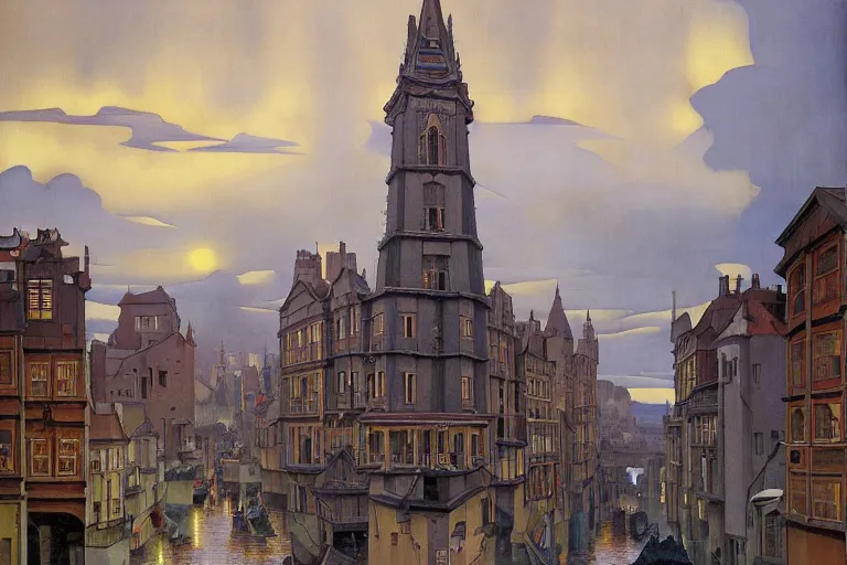 Image similar to view of the old grey city and its winding streets still wet after a storm, tall windows lit up, beautiful ornamental architecture, dramatic cinematic lighting, rich colors, by Nicholas Roerich and William Dyce and ford madox brown and April Gornik and Sylvain Sarrailh and Ludwig Deutsch and Diego Rivera, featured on artstation