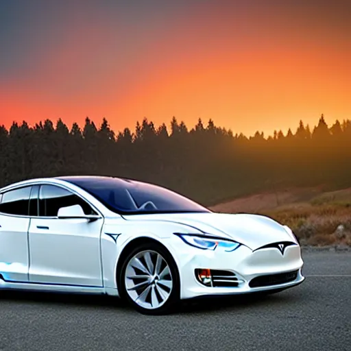 Prompt: a tesla car in central Oregon at sunset