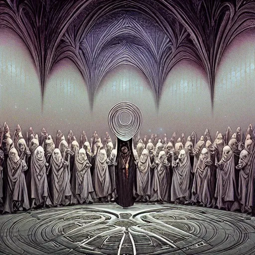 Image similar to a quantum computer surrounded by a dark cabal of multiple hooded elven mystics in long dark robes gathered in a circular formation, dan seagrave art, michael whelan