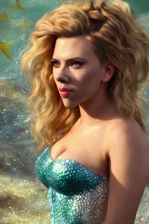 Image similar to scarlett johansson in a mermaid outfit fantasy, highly detailed face, 8 k