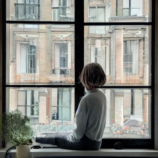 Prompt: a woman sitting on a window sill looking forward out the window, hands on cheeks, grey sweater, a stock photo by chen jiru, tumblr, aestheticism, movie still, pretty, pixiv