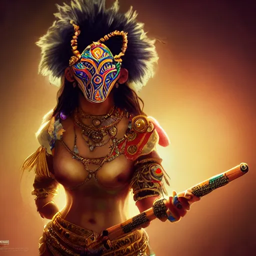 Prompt: the portrait, beautiful aztec masked female violinist, exotic costumes, gold jewelry, black hair ， illustration by wenjun lin, irakli nadar, bright colors, octopath traveler, wenjun lin, unreal engine 5 highly rendered, global illumination, radiant light, detailed and intricate environment