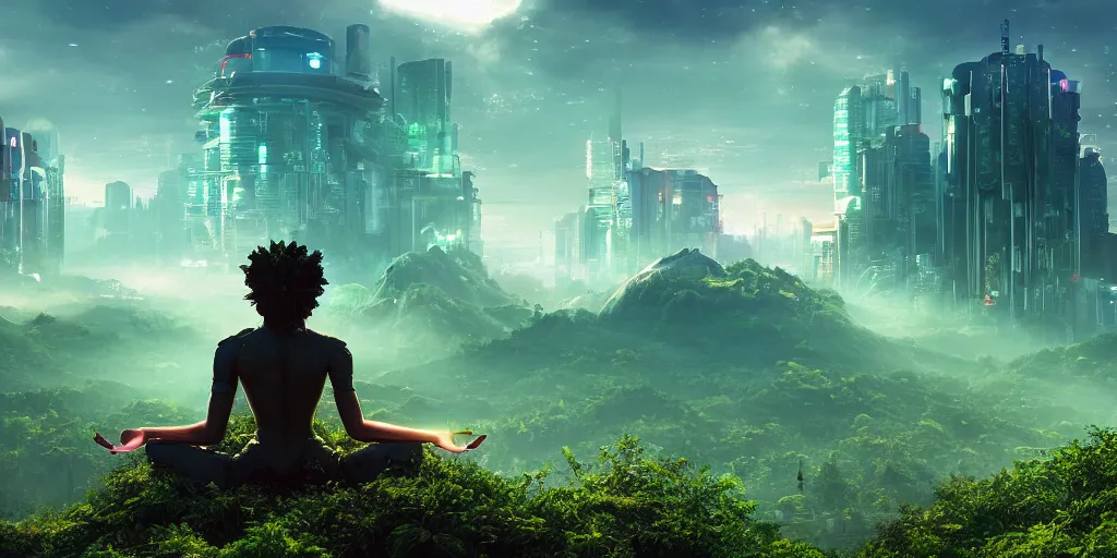 Image similar to a cinematic composition depicting : a computer run lush civilization encroaching on a degrading cyberpunk world, on top of the mountain a mysterious man sits in a lotus pose using his transformative energy to transition to a hopeful and lush foresty solarpunk valley at sunrise