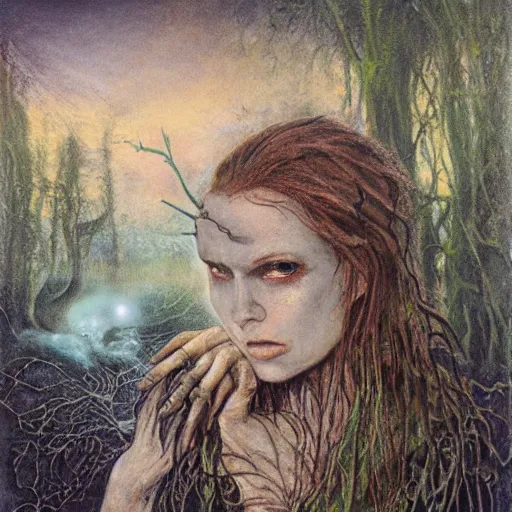 Image similar to evil rusalka of the blighted swamp, aquiline features, holding a human skull thin, young black shimmering hair, by brian froud, cold secondary colors, colors reflecting on lake, swamp roots and dead trees, oil on canvas, oil panting