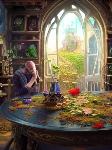 Prompt: a powerful magician working in his tower. table full of magical artifacts. weeds and flowers growing on the floor and roof. intricate, elegant, highly detailed, digital painting, artstation, concept art, sharp focus, illustration, by justin gerard and artgerm, 8 k