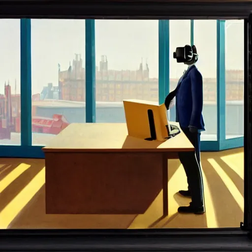 Prompt: A fine art painting of a man wearing Vr goggles dressed in tech wear and creating the metaverse at a desk through a window on a British street. In the style of Edward Hopper and Wes Anderson