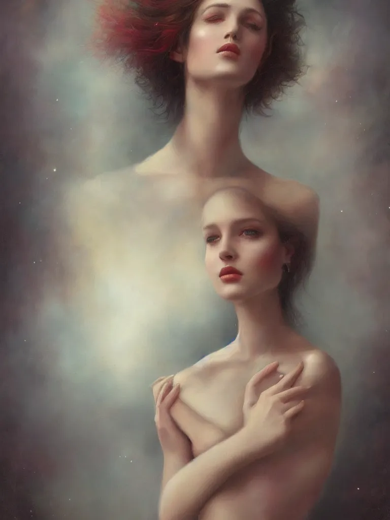 Prompt: a sad, beautiful woman painted by tom bagshaw