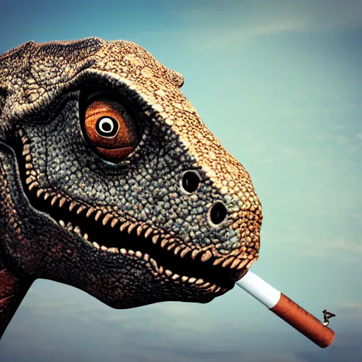 Image similar to dinosaur smoking a cigarette in their mouth realistic hdr professional shot