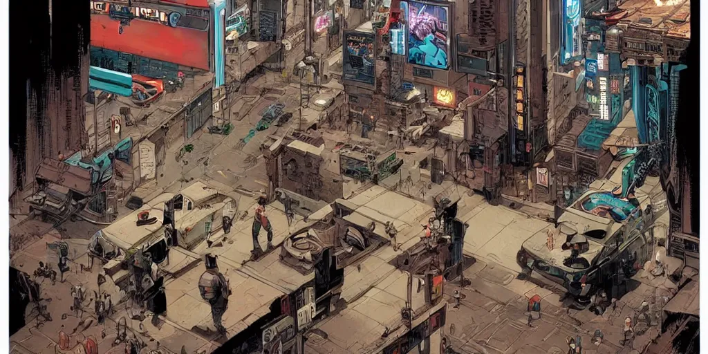 Image similar to keystone cops vs. Cyberpunk Ninjas. Epic painting by James Gurney and Laurie Greasley.
