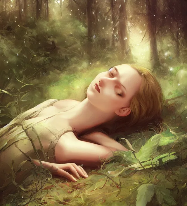 Image similar to girl lying in forest, art by charlie bowater