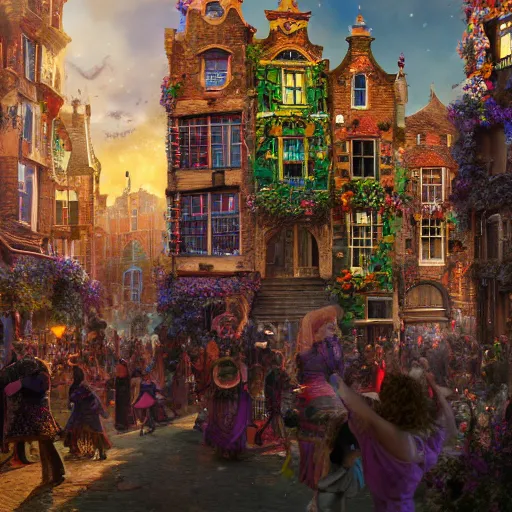 Image similar to a bustling magical town with witches and black cats dancing around a colorful music festival in its center, inspired by victorian england and amsterdam, highly detailed, intricate, digital painting, trending on artstation, concept art, matte painting, art by greg rutkwowski, craig mullins, octane render, 8 k, unreal engine
