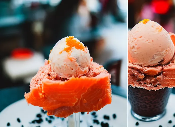 Image similar to dslr food photograph of salmon roe ice cream sundae, 8 5 mm f 1. 8