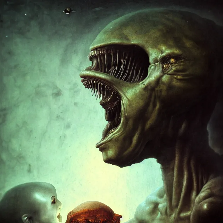 Image similar to closeup portrait of alien kissing prehistoric caveman by hieronymus bosch, lucid dream - like heavy atmosphere, baroque painting, harsh flash photo, perfect composition, detailed octane render trending on artstation, 8 k artistic photography, volumetric cinematic perfect light, chiaroscuro, masterpiece, raphael, caravaggio, beksinski, rutkowski, beeple