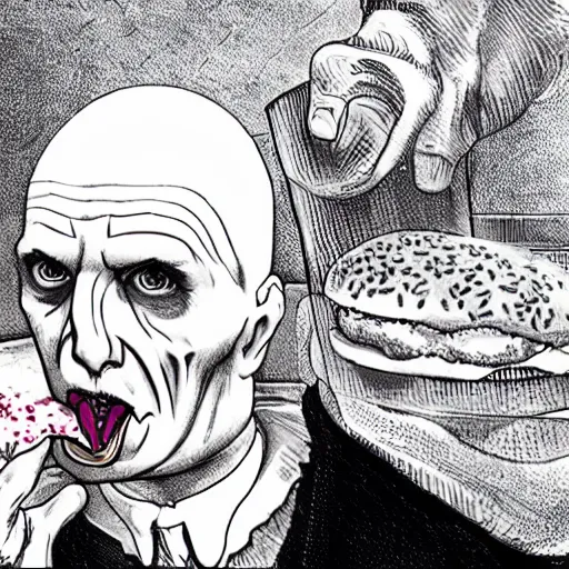 Image similar to Lord Voldemort eating a cheeseburger, photo realistic, award-winning, highly-detailed, epic, cinematic, dramatic