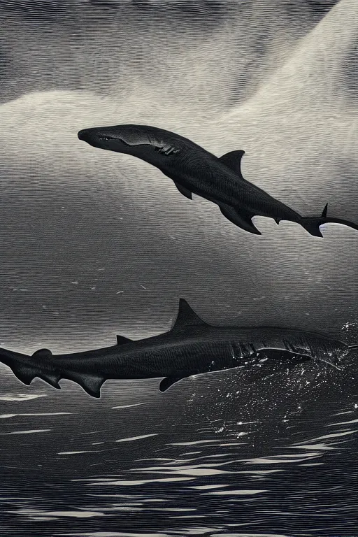 Image similar to a beautiful wood engraving on paper of a school of hammerhead shark, 8 k, frostbite 3 engine, cryengine, dof, trending on artstation, digital art, crepuscular ray