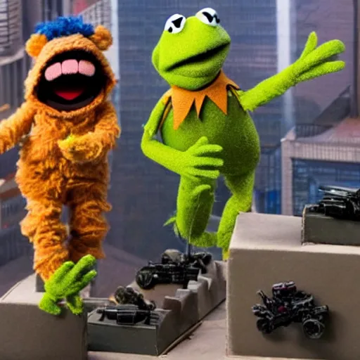 Prompt: muppet puppet special forces in an urban battle field.