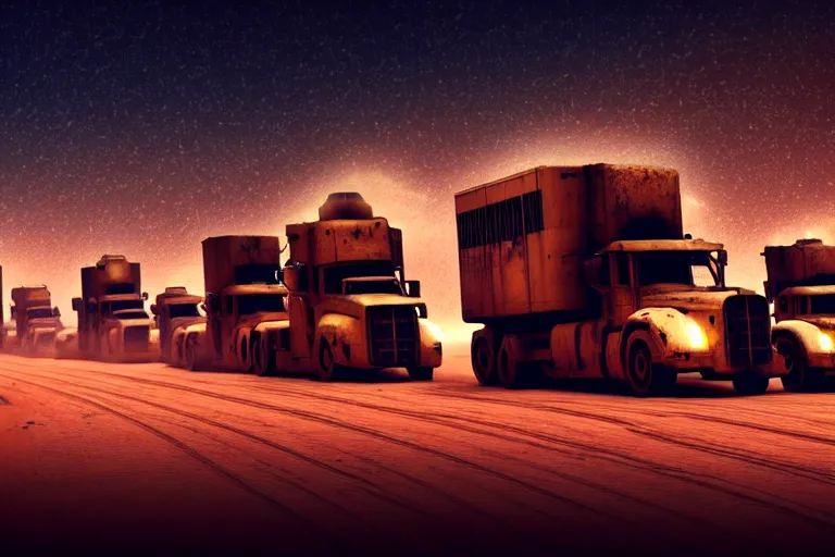 Image similar to photo of a convoy of cyberpunk vehicles moving through a star lit desert, dystopian, grimy, rusted