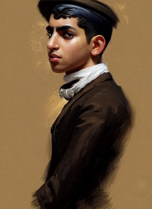 Prompt: a portrait of an egyptian boy with a crooked nose in victorian clothing, confident pose, intricate, elegant, sharp focus, illustration, highly detailed, concept art, matte, trending on artstation, anime, art by james jean and artgerm and brian despain and alberto mielgo, greg rutkowski, wlop, ilya kuvshinov, strong strokes