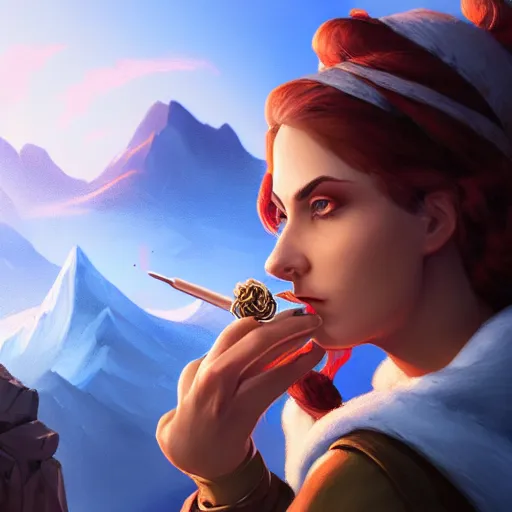 Prompt: mage smoking pipe, female, glacier landscape, D&D, fantasy, intricate, elegant, highly detailed, digital painting, artstation, octane render, concept art, matte, sharp focus, illustration, hearthstone, art by leonardo da vinco