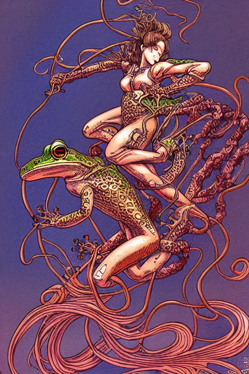 Prompt: illustration of a lightning demon riding a frog, intricate linework, in the style of moebius, ayami kojima, 1 9 9 0's anime, retro fantasy