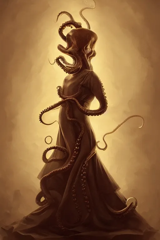 Image similar to portrait of an anthropomorphic octopus in a victorian - era ballgown, dramatic lighting, highly detailed, digital painting, artstation, concept art, smooth, sharp focus, illustration, art by wlop, mars ravelo and greg rutkowski