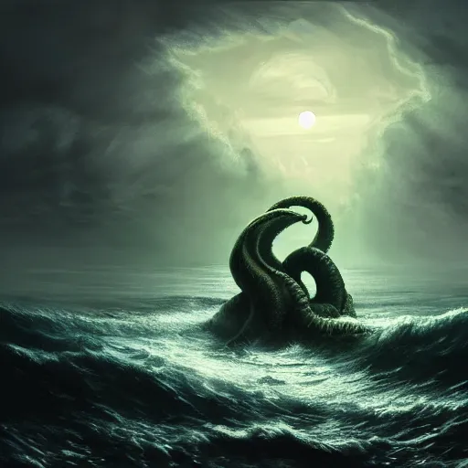 Prompt: a digital painting of a gigantic cthulhu coming out of the sea, back lighting, dramatic scene, detailed, night time, full moon, in the style of greg rutkowski