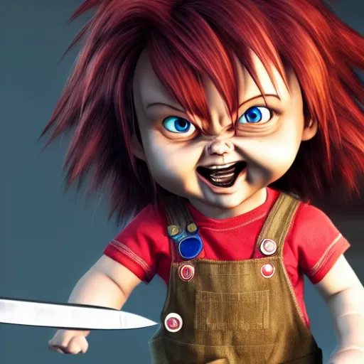 Prompt: an epic anime of chucky with a knife, ghibli, unreal 5, daz, hyperrealistic, octane render, rpg portrait, dynamic lighting
