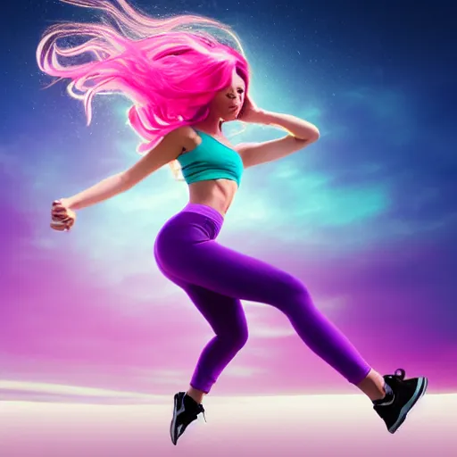 Image similar to a award winning half body shot of a beautiful woman in a croptop and leggings with a ombre purple pink teal hairstyle with head in motion and hair flying, outrun, vaporware, highly detailed, fine detail, intricate